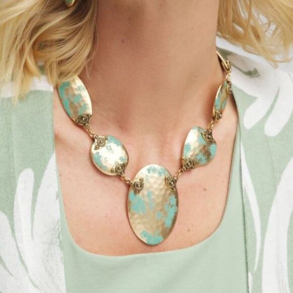 NWT CHICOS Turquoise and Gold Bib Necklace, AND MATCHING EARRINGS. - Picture 2 of 3